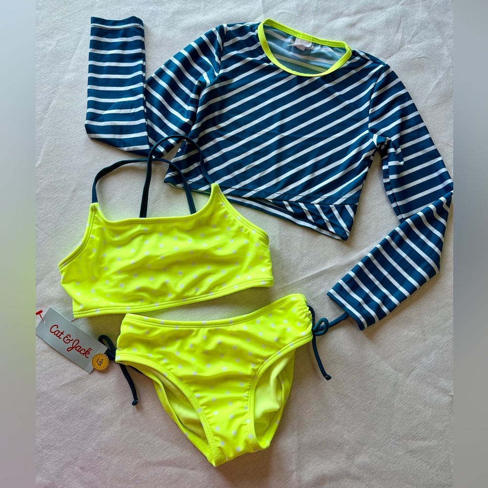 Cat & Jack 3-Piece Swimsuit Set, Shirt Neon Lemon Lime & Blue Stripe XS, S